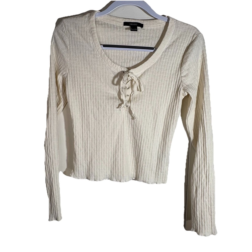 Forever 21 Womens Cream Knitted V-Neck Long Sleeve Lace Up Blouse Top Size L Y2K